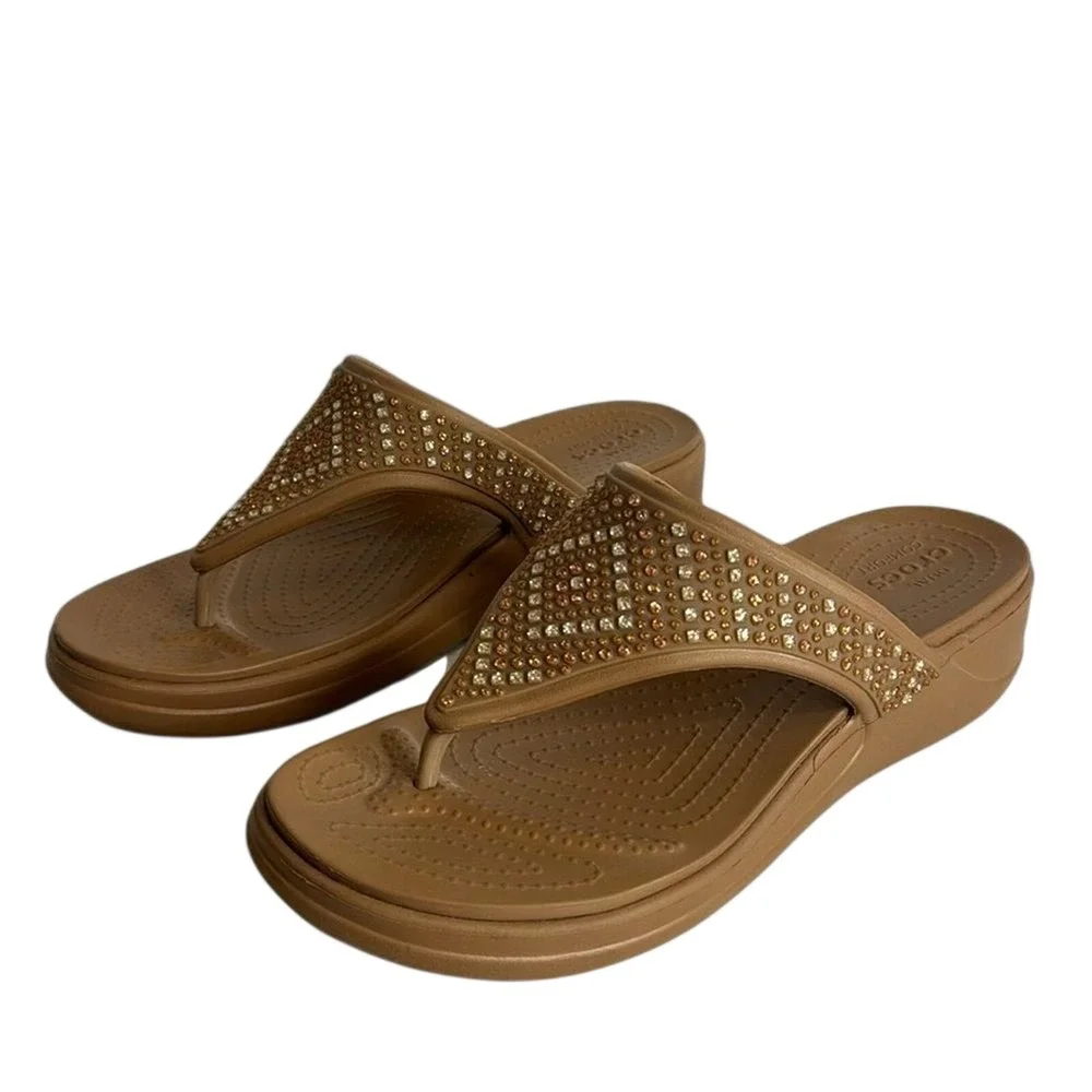 Crocs Women's Monterey Shimmer Wedge Flip Sandals Tan Size 11